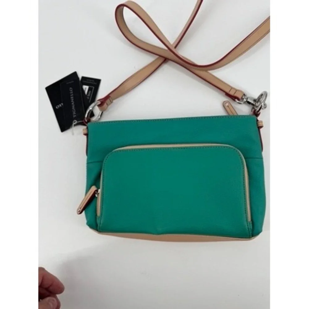 Tignanello Crossbody Bag Women Small Teal Leather Tan Trim New With Tags